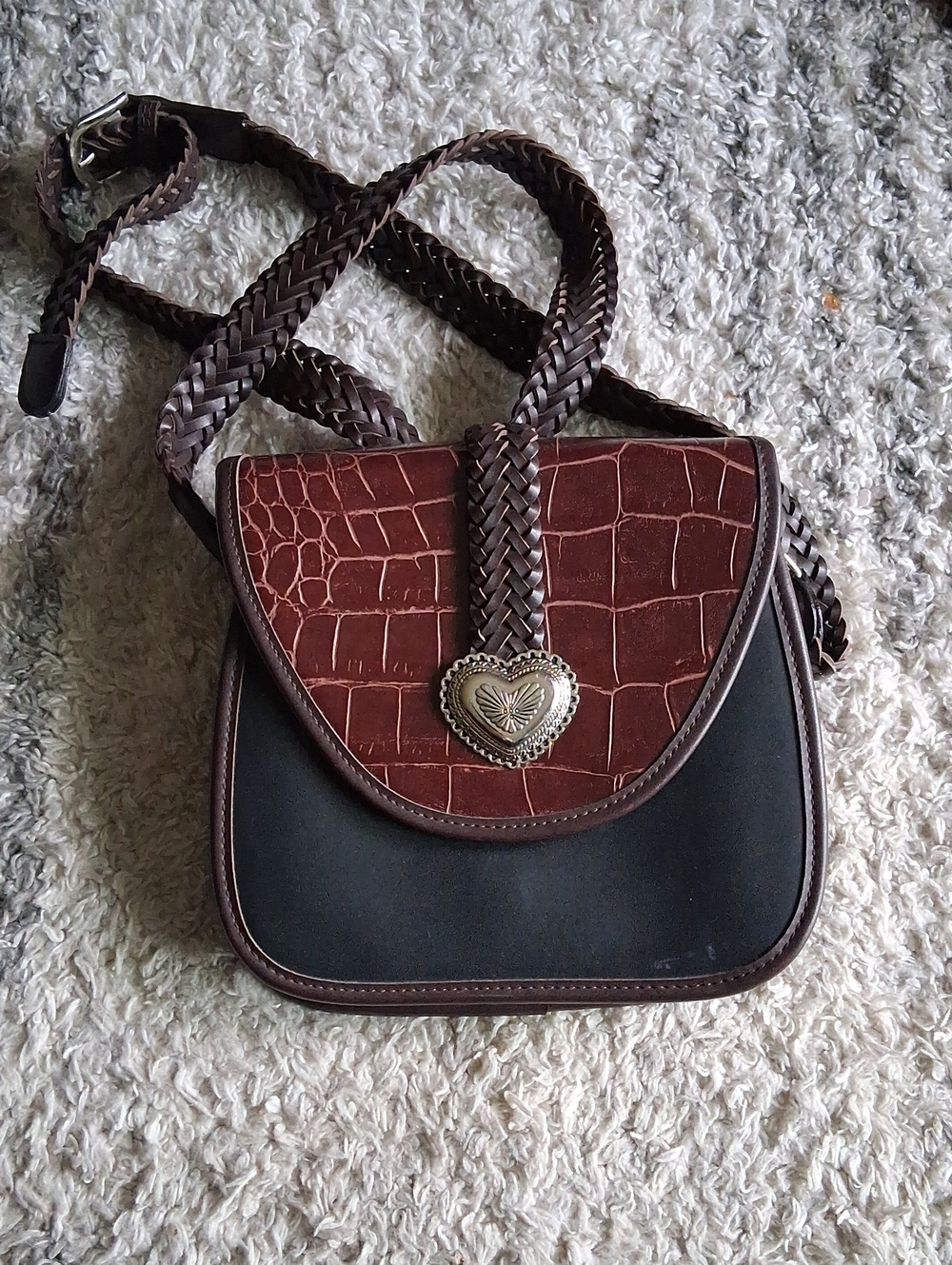 Vintage Braided Strap Brown & Black Crossbody Bag with Heart Accent